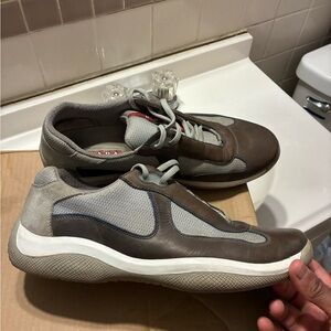 Prada Men's dark Gray and Gray Leather Mesh Sneakers